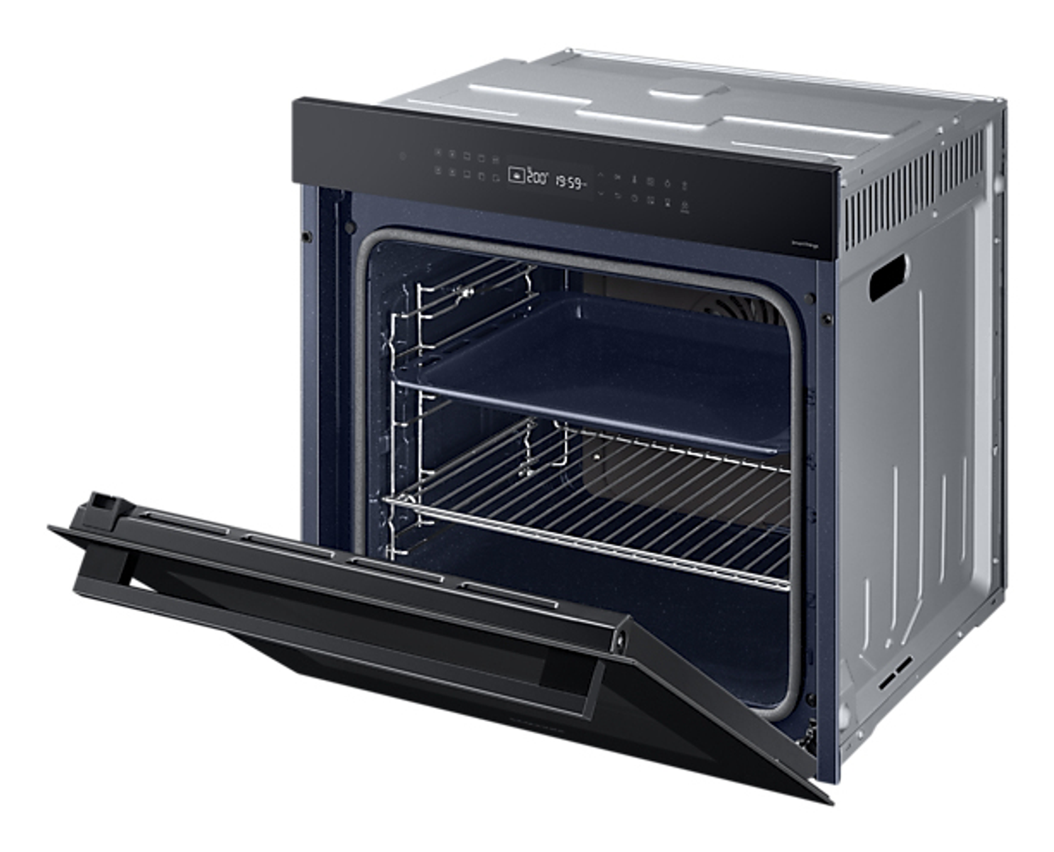 Horno con puerta abierta que muestra el interior, estantes y panel de control.
