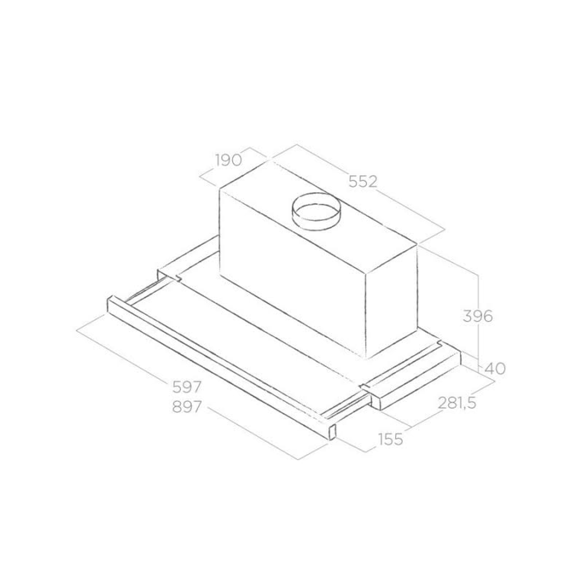 Diagramma di una cappa da cucina con dimensioni, forma rettangolare e sfiato.