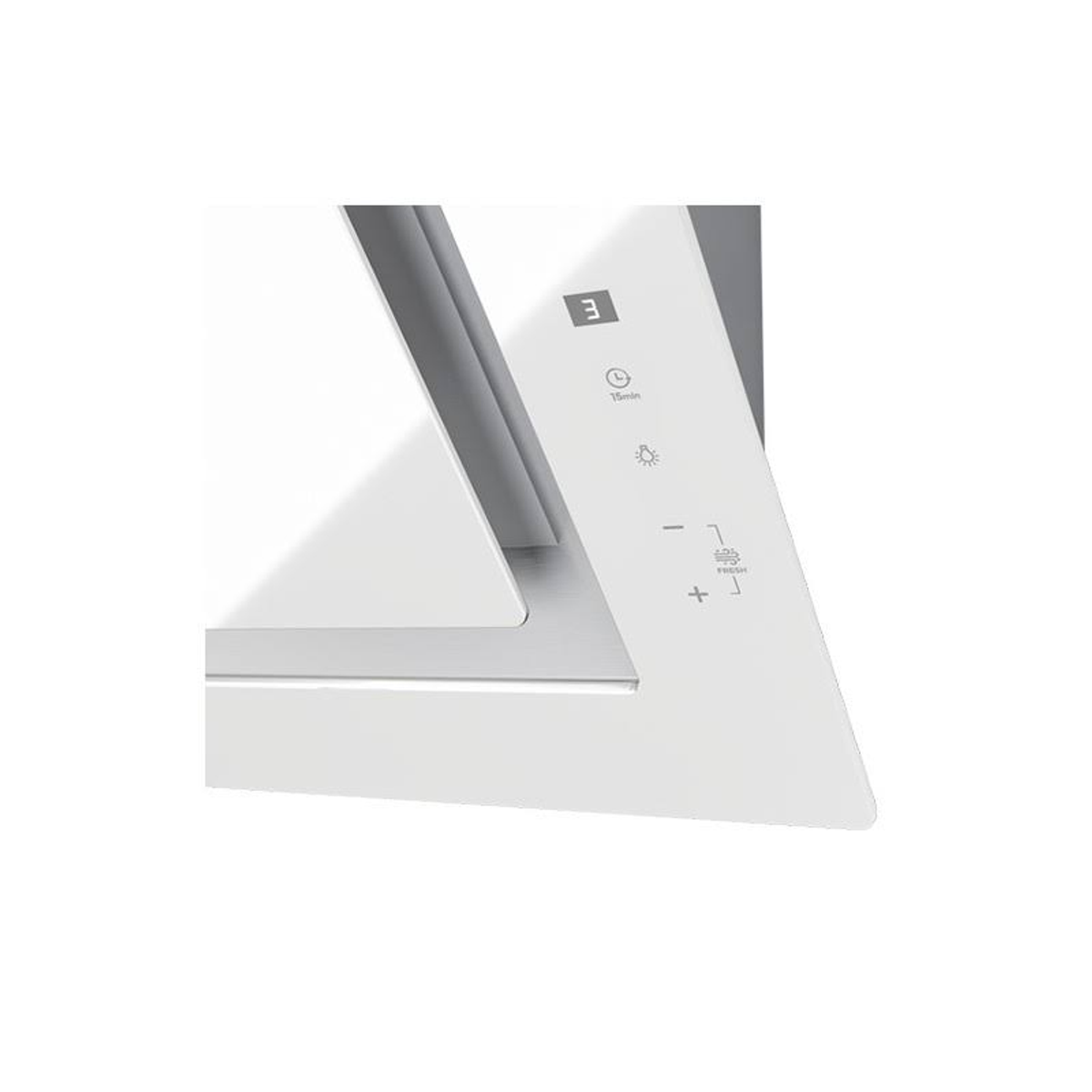 Primer plano del panel de control blanco de una campana extractora, con símbolos y números.