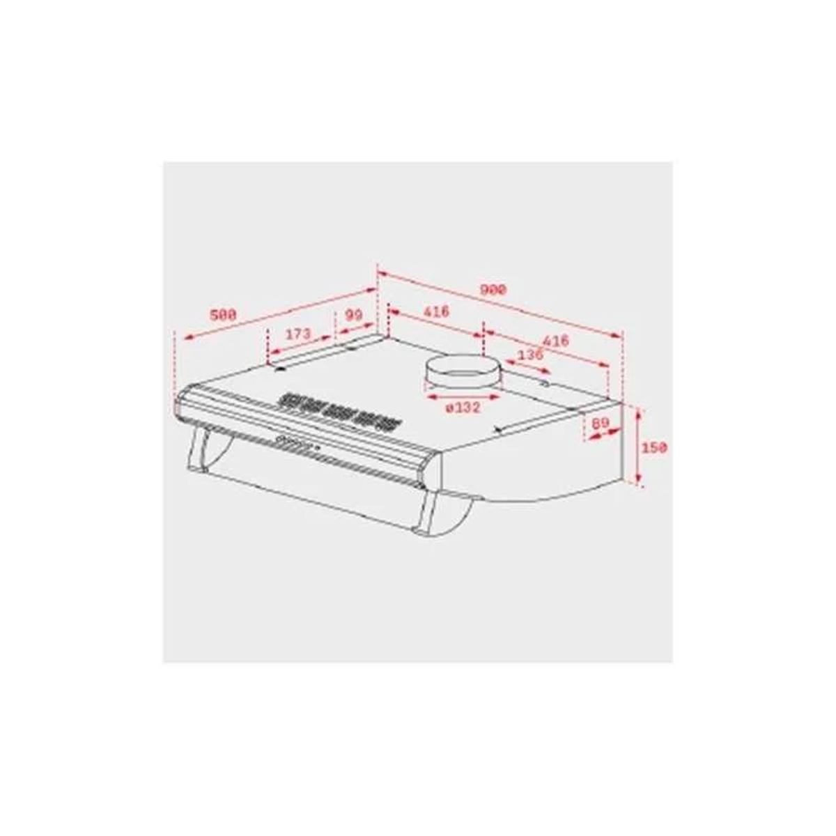 Un disegno tecnico di una cappa con dimensioni.