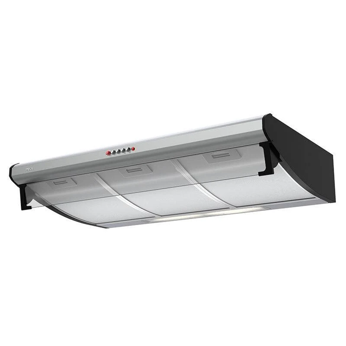 Una cappa in acciaio inox con comandi e una luce.
