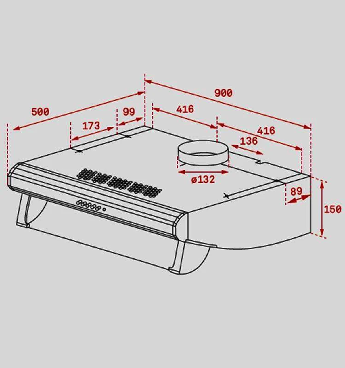 Un disegno tecnico di una cappa da cucina con dimensioni in millimetri.