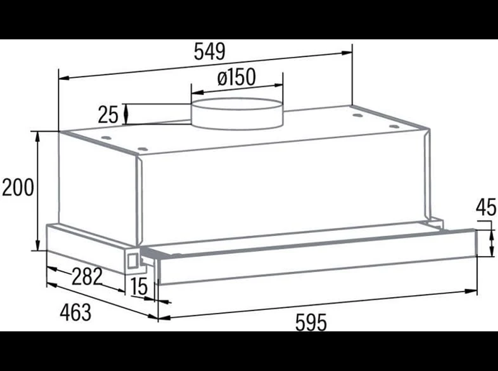 Dibujo técnico de una campana extractora, con dimensiones en milímetros, mostrando la estructura y el tamaño.