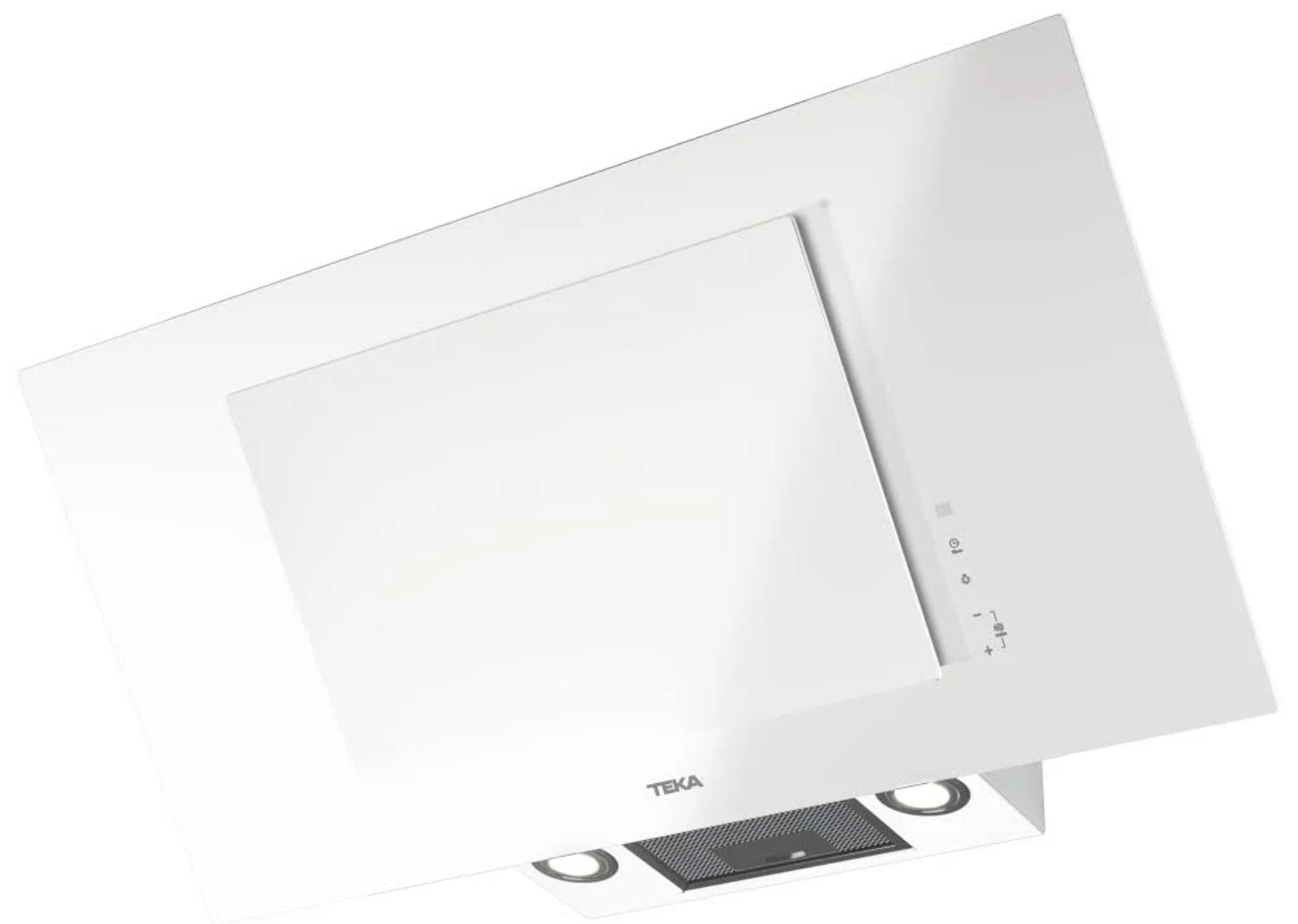 Campana extractora blanca vista en ángulo. La campana tiene una superficie blanca, luces y botones de control.