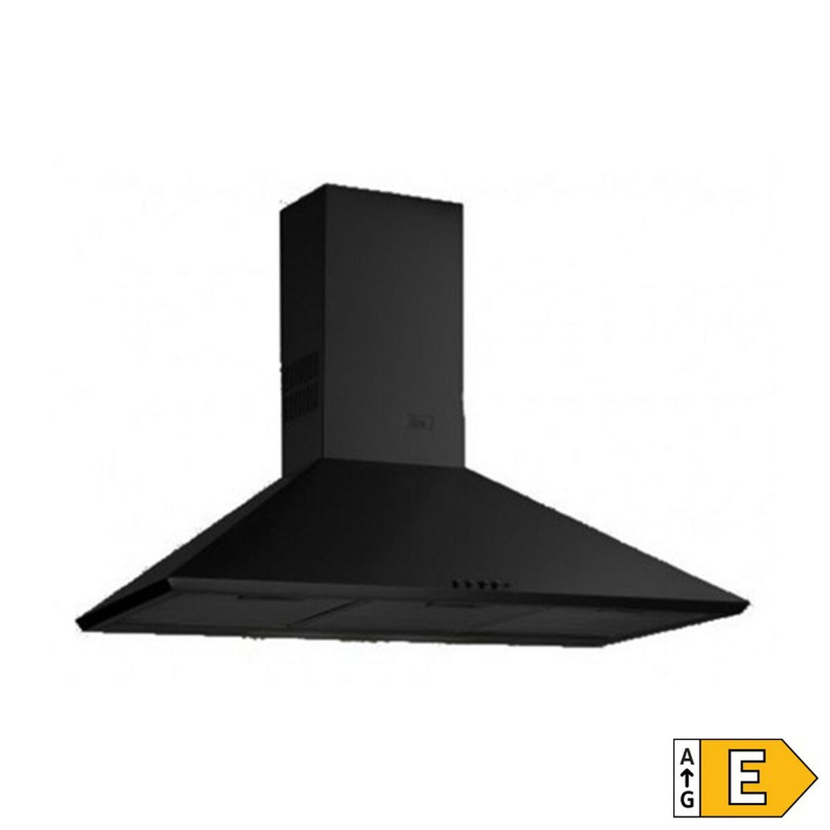 Campana extractora negra con diseño inclinado y etiqueta de eficiencia energética.