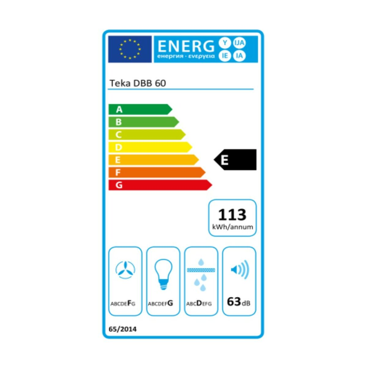 Etiqueta energética con valoraciones e iconos. Incluye una calificación de eficiencia energética E y 113 kWh/año.