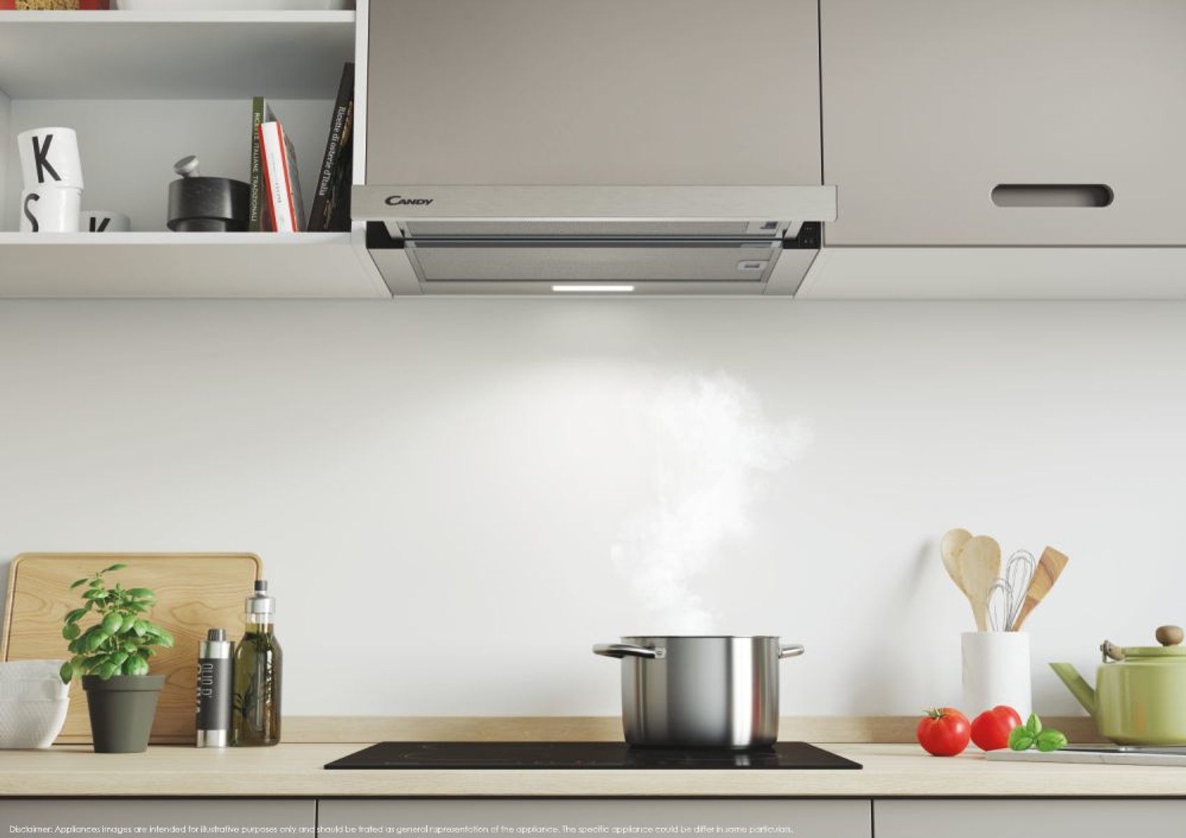Una escena de cocina con una campana extractora sobre una estufa. Una olla está en la estufa con vapor saliendo.