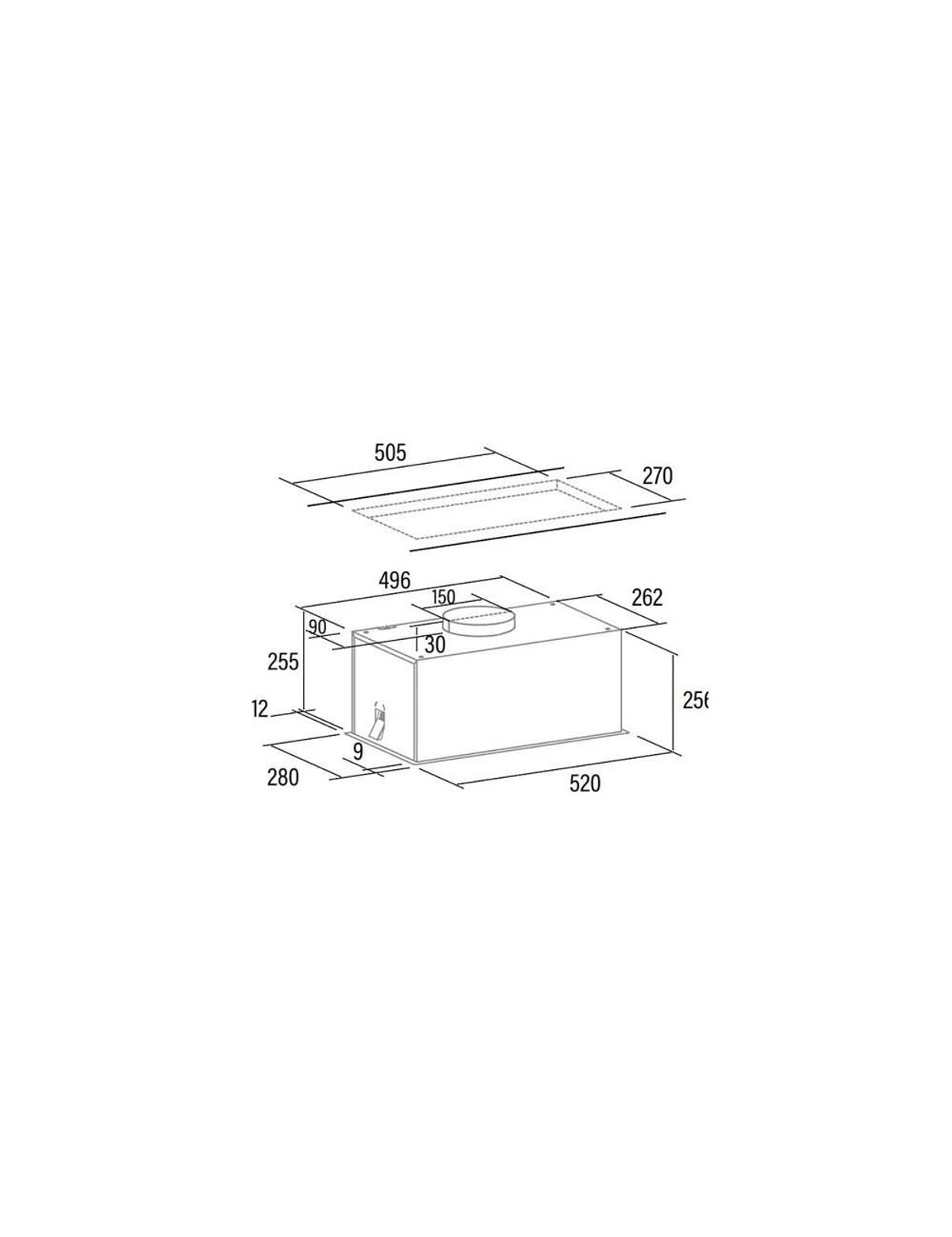 Diagrama de campana extractora con dimensiones, forma rectangular y ventilación.