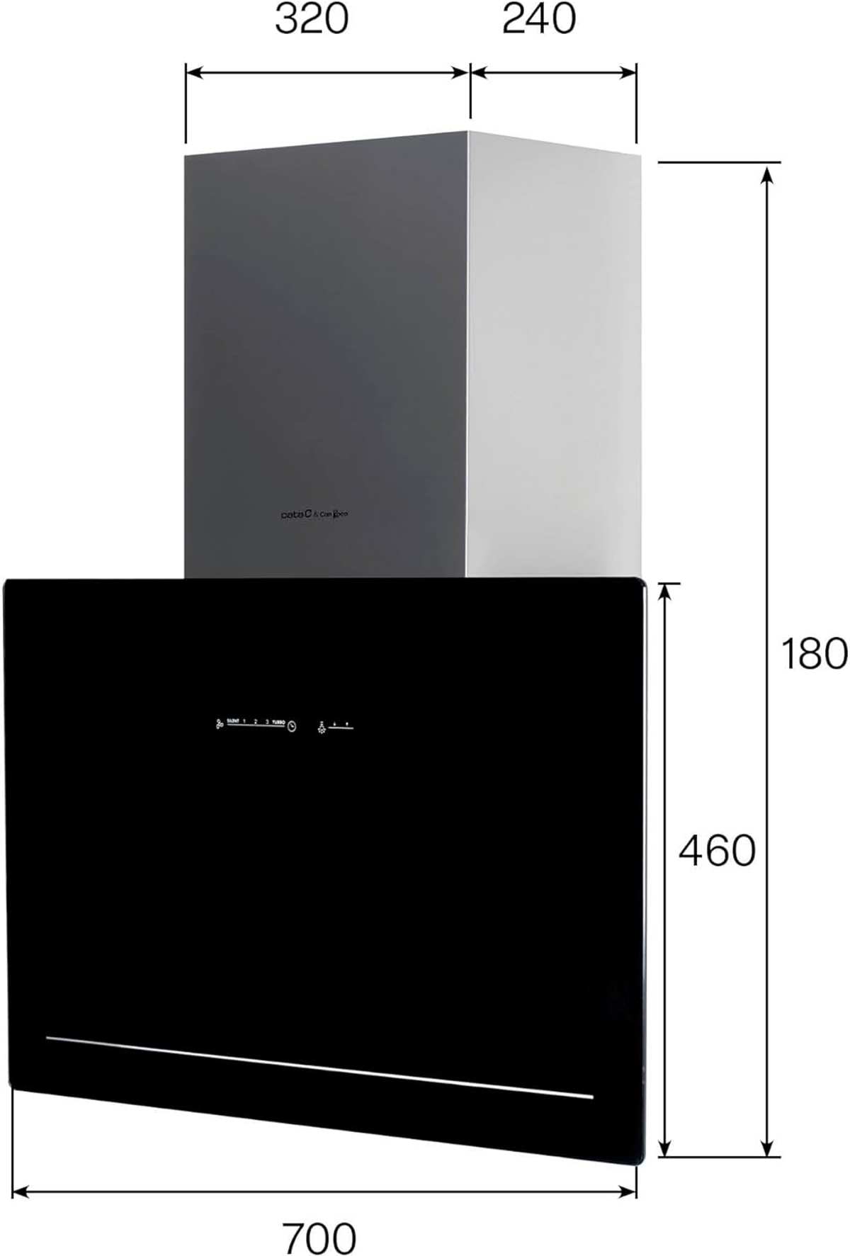 Diagrama de una campana extractora negra con dimensiones en milímetros: 700, 460, 180, 320, 240.