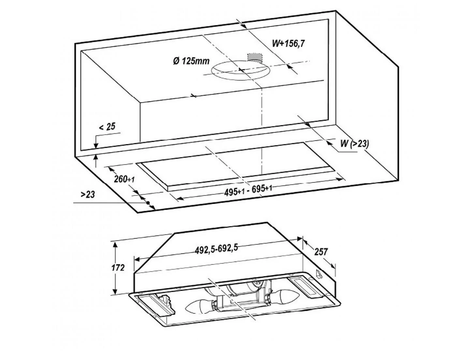 Disegno tecnico con dimensioni di una cappa aspirante, in millimetri.