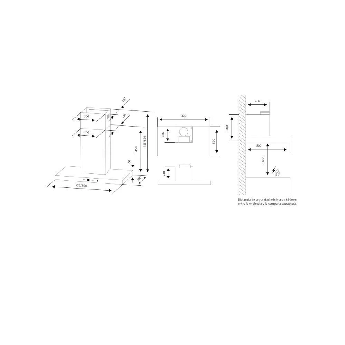 Diagrama de una campana extractora con dimensiones y especificaciones de seguridad.