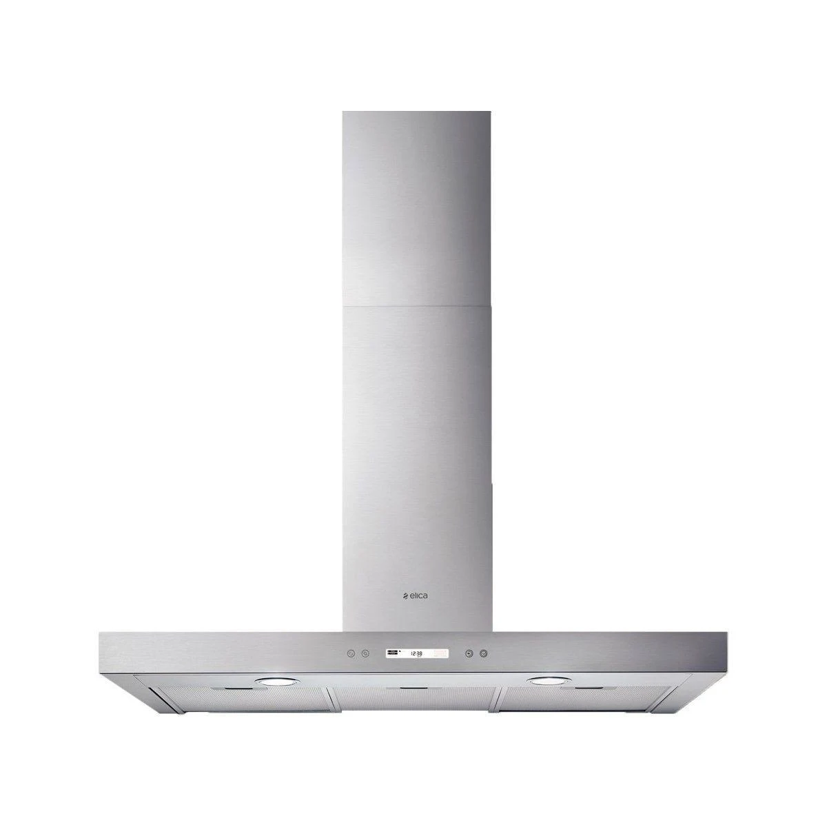 Cappa da cucina in acciaio inox con display digitale e luci circolari. Il design è moderno.