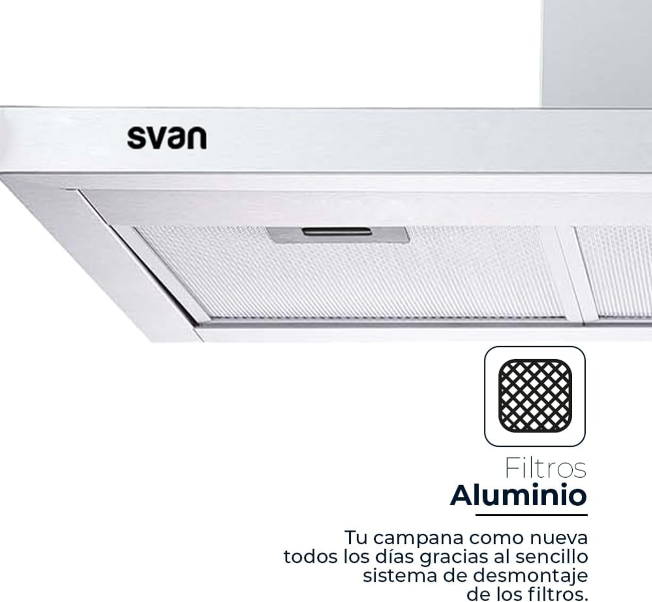 Una campana extractora con la marca 'svan', filtro y texto descriptivo sobre el mantenimiento del filtro.