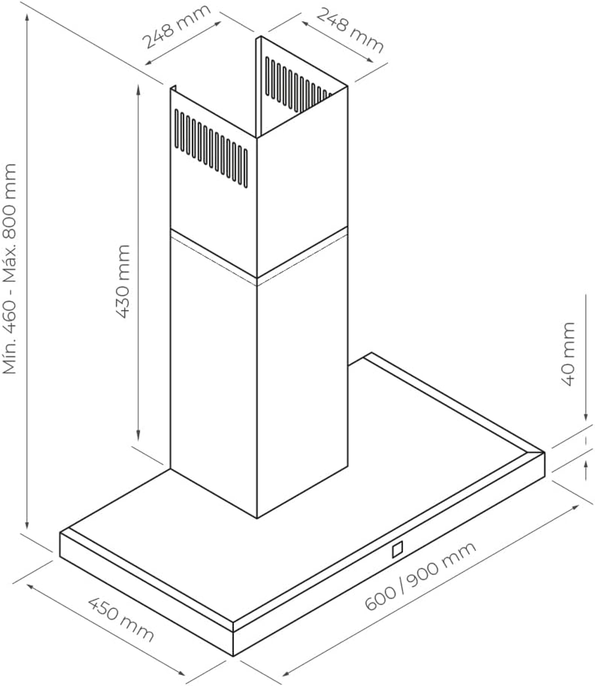 Diagrama de campana extractora, mostrando dimensiones en milímetros.