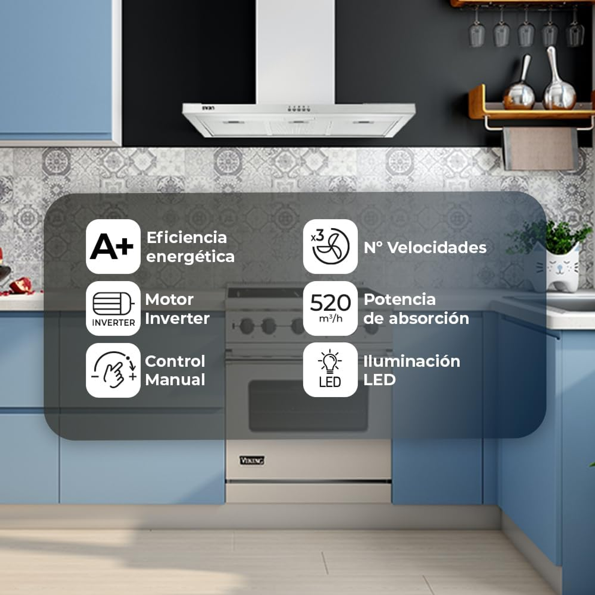 Una escena de cocina con una campana extractora, mostrando eficiencia energética y otras características.
