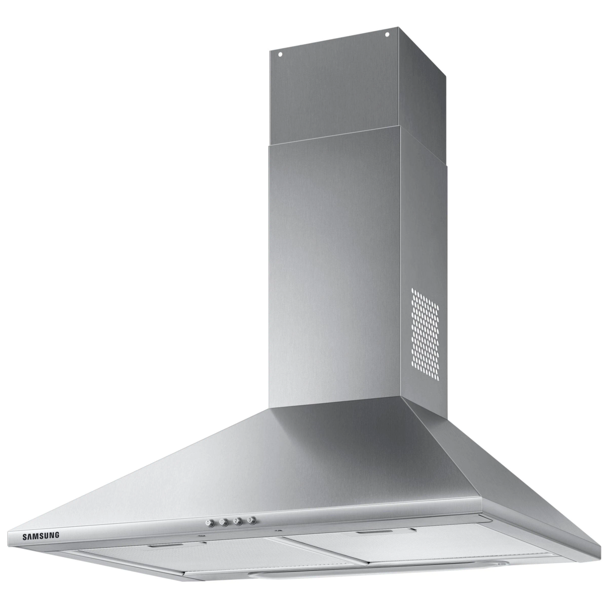Cappa Samsung argentata. Sfondo bianco.