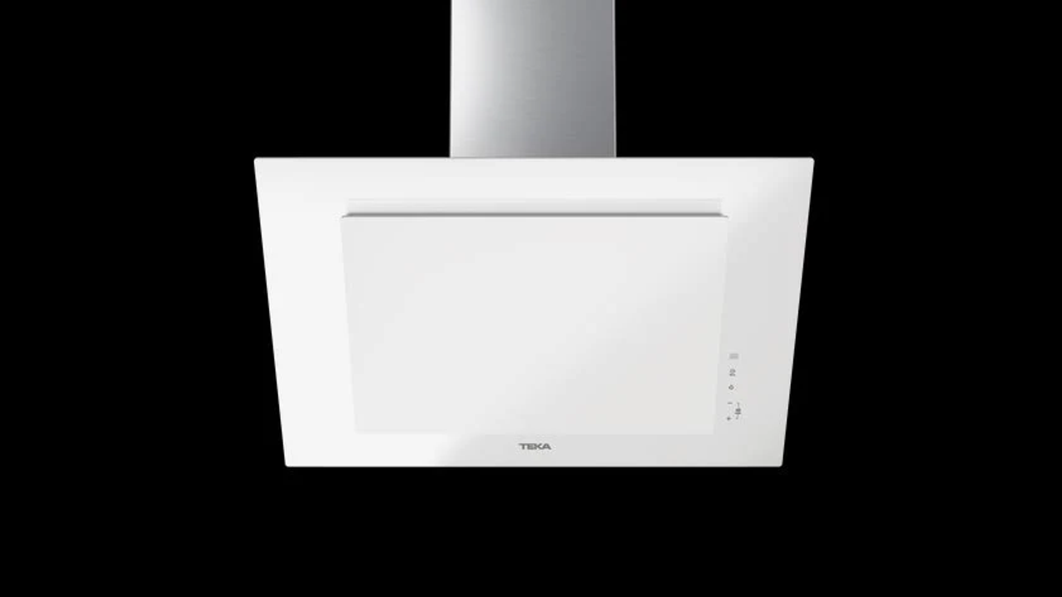 Campana extractora blanca con marca Teka, fondo negro.
