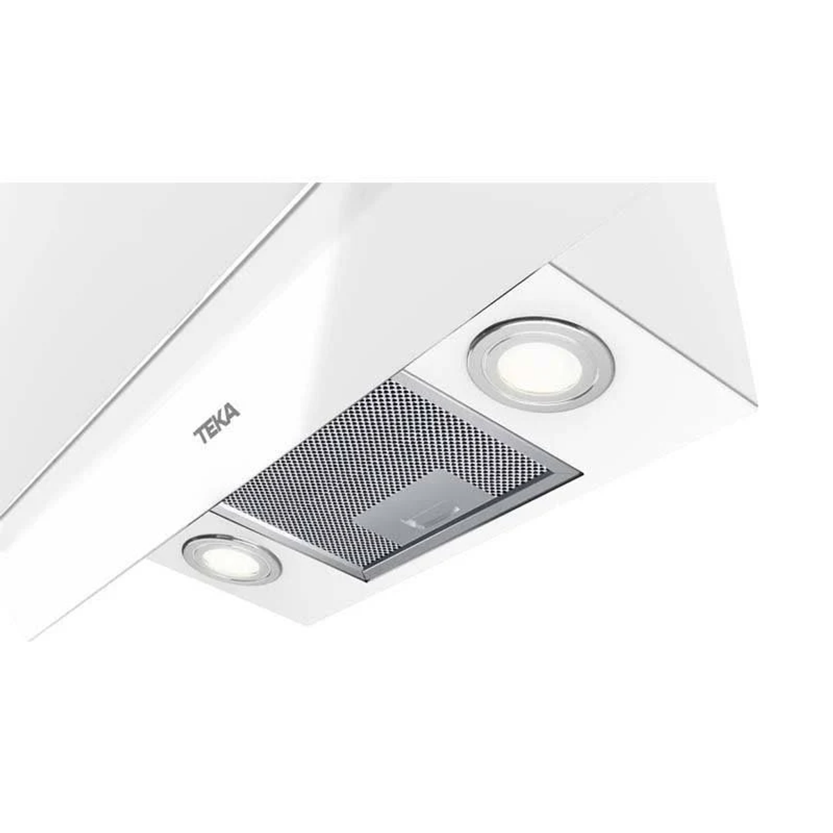 Primer plano de una campana extractora blanca con dos luces brillantes y un filtro de malla metálica.