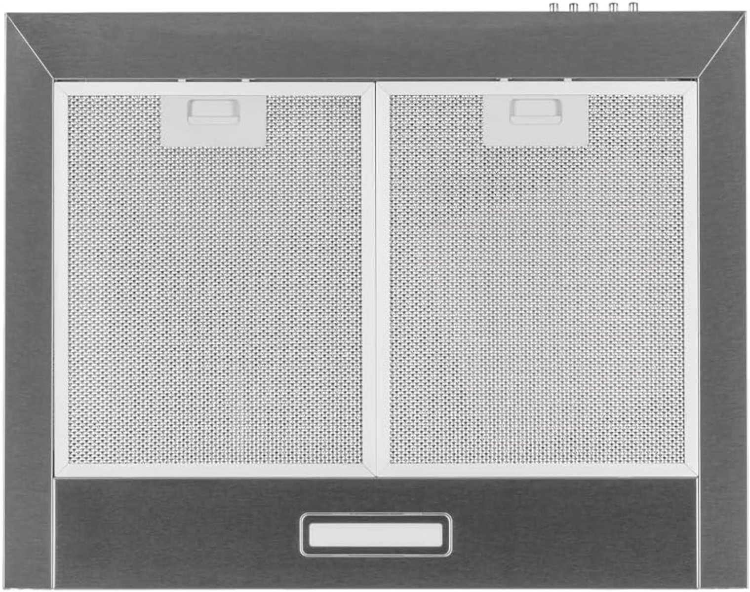 Filtro plateado de campana extractora con dos secciones, un marco y un panel de control.