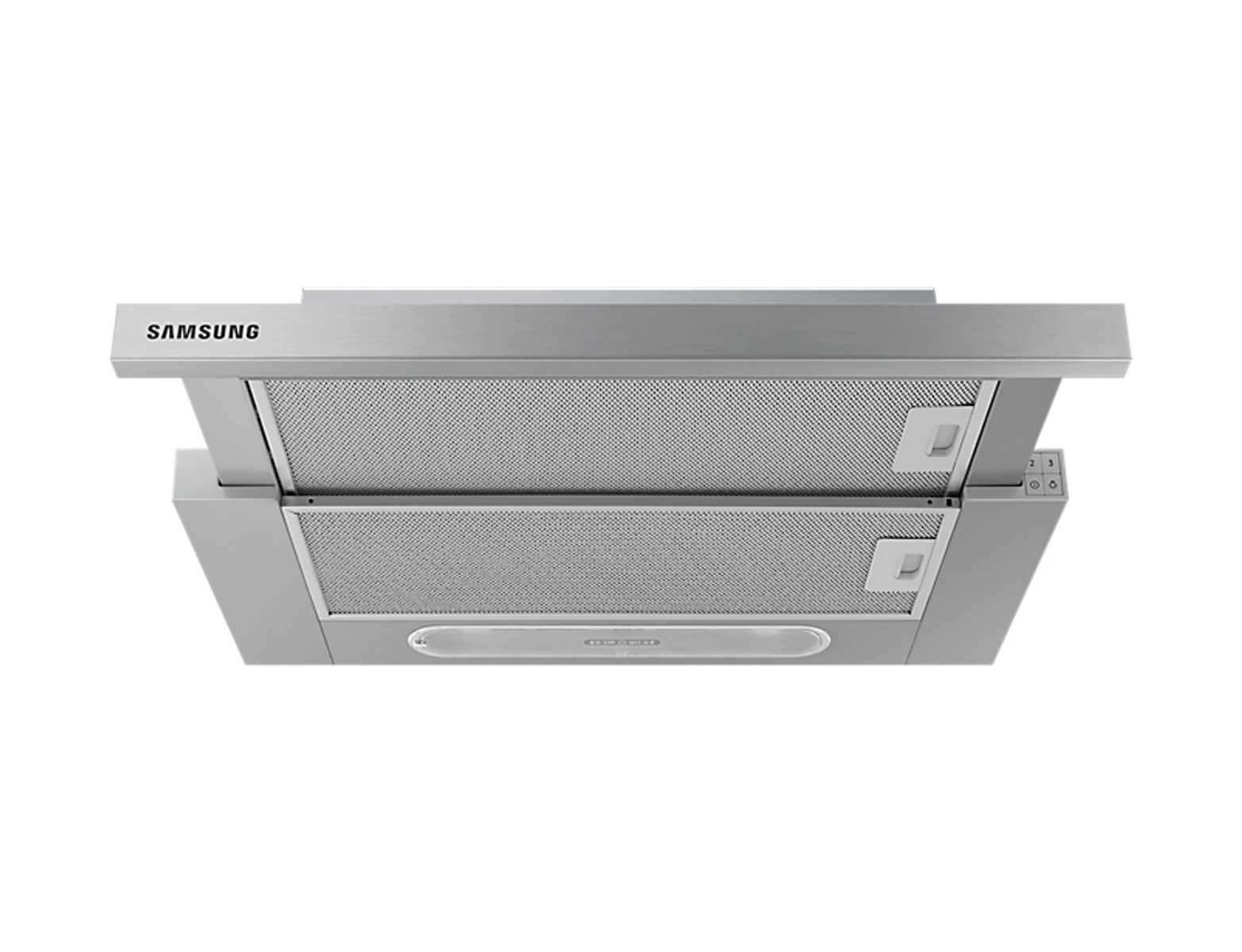 Silver Samsung range hood. Two filters are open. The logo is on the top.