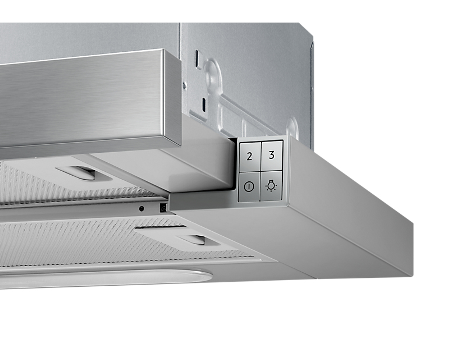 Close-up of a range hood control panel. The panel has buttons and a light.