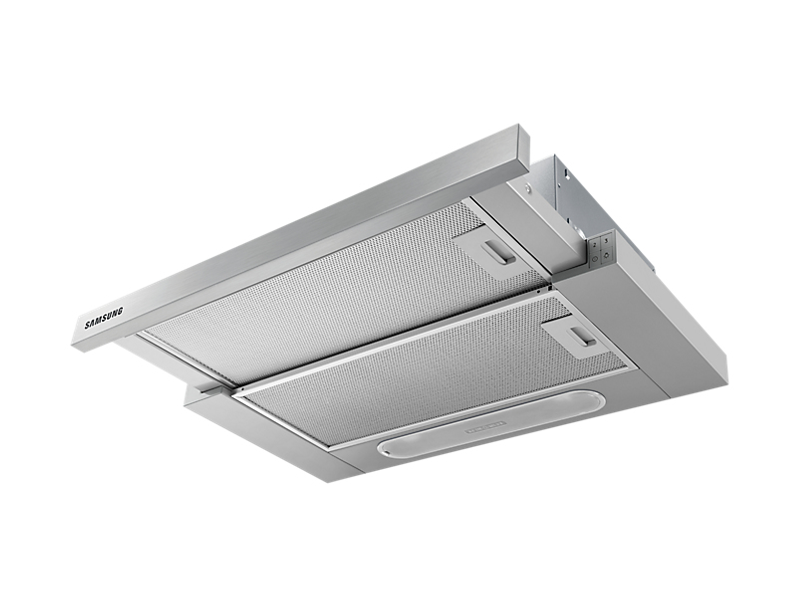 A silver, angled range hood with a Samsung logo and two visible filters.