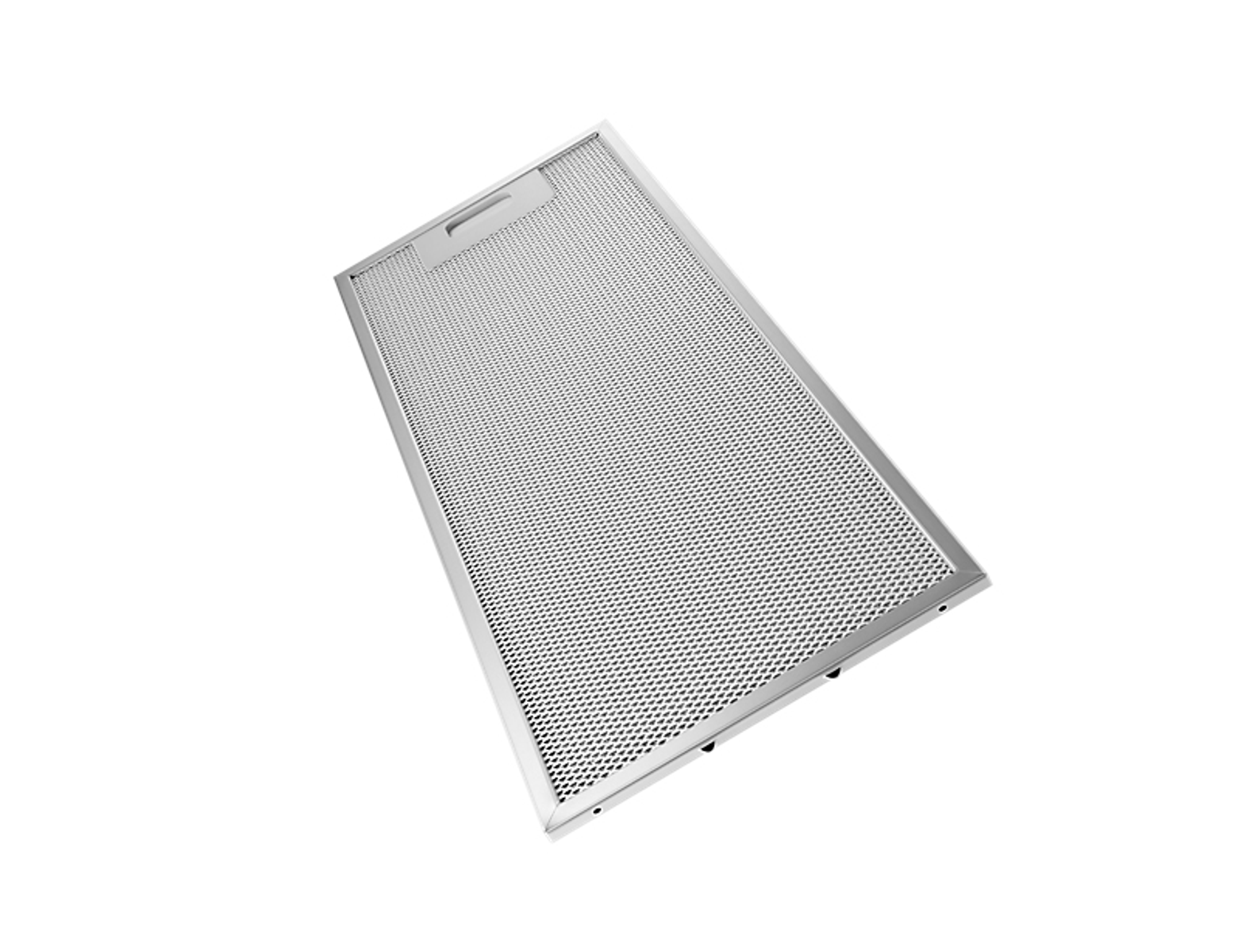 Silver rectangular metal filter with a grid of small holes, angled on white background.