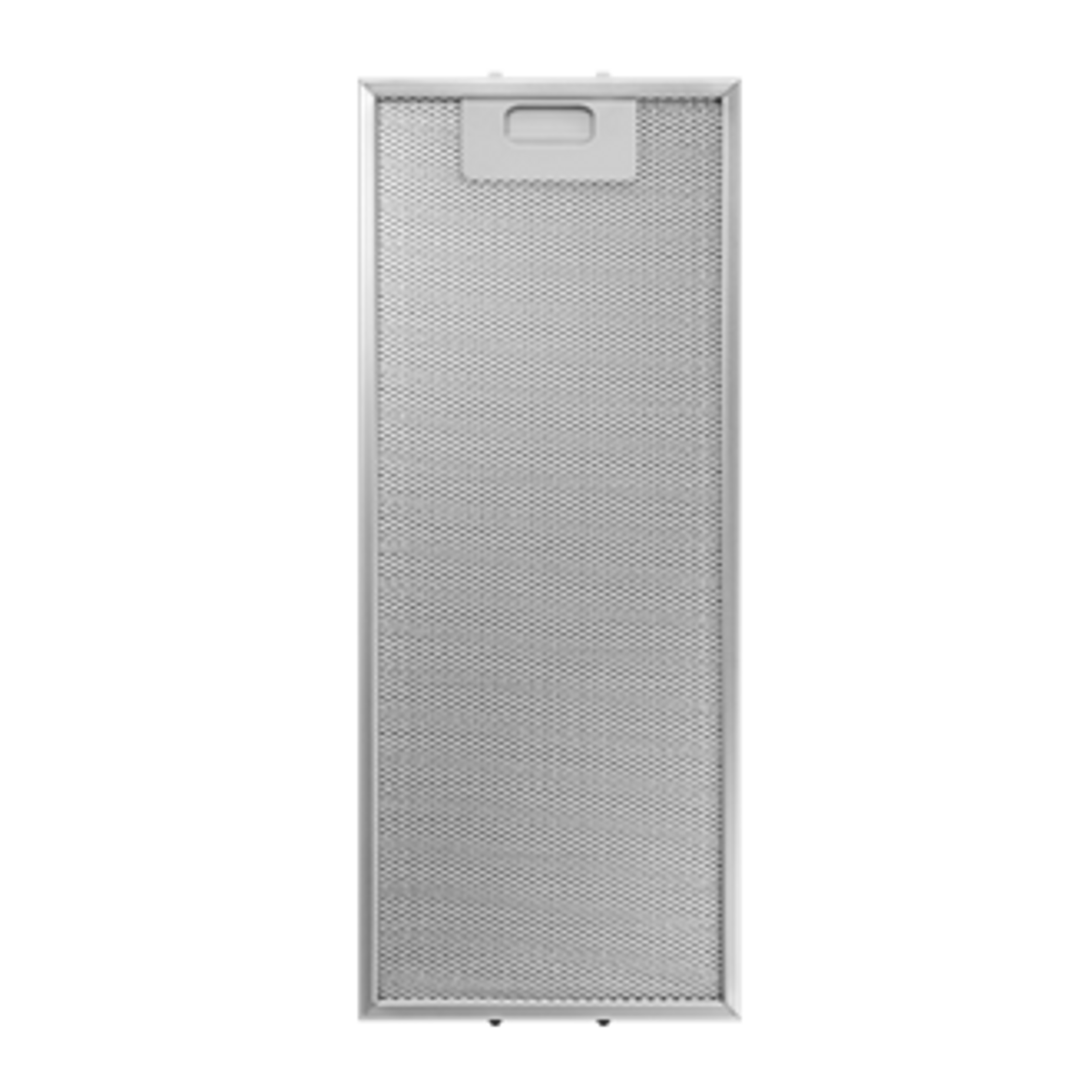 A silver metal mesh filter for a range hood.
