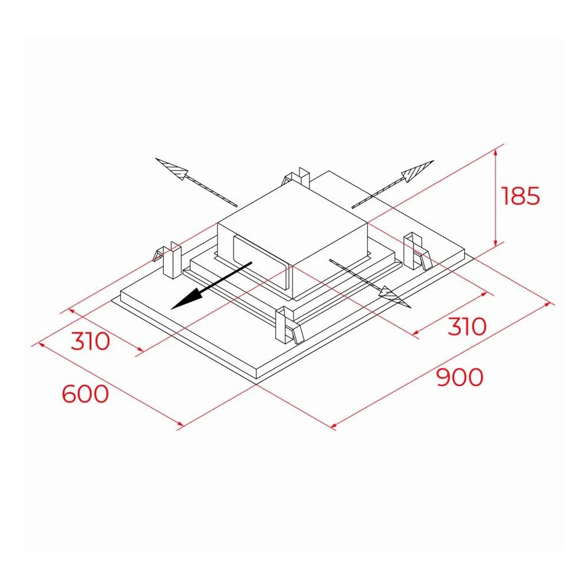 Disegno tecnico di un quadrato con misure e frecce.