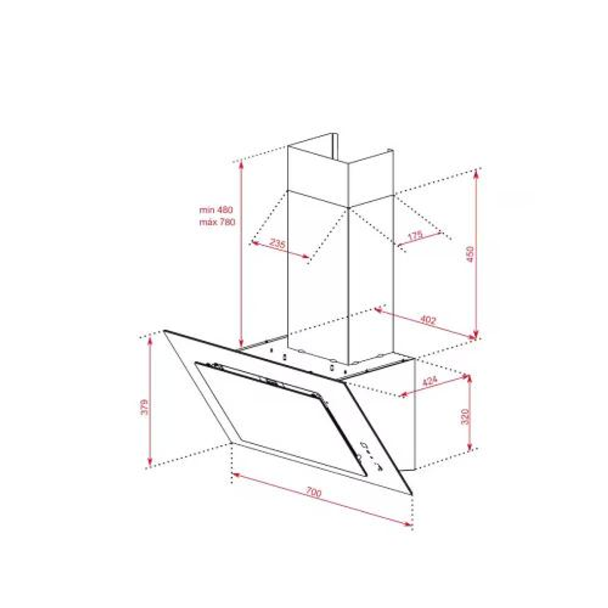 Diagrama de una campana extractora con dimensiones en milímetros, que muestra su forma y tamaño.