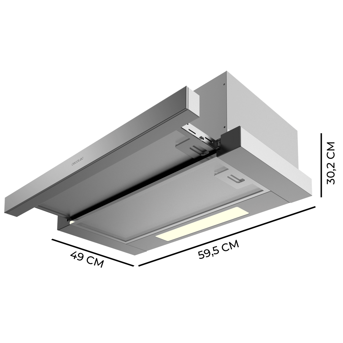Cappa in acciaio inox. Forma rettangolare con luce. Lo sfondo è nero.