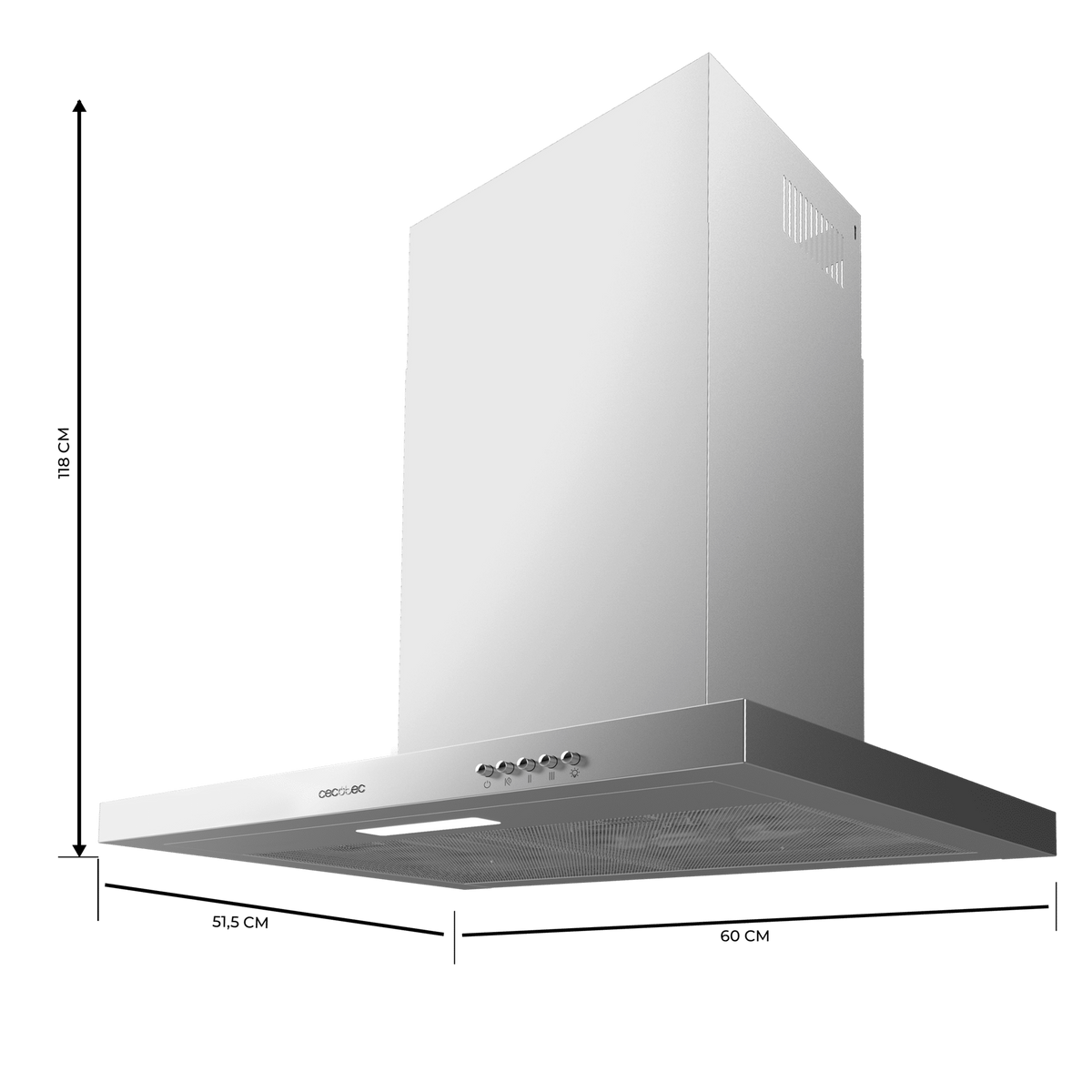 Campana extractora de acero inoxidable, con dimensiones en mm.