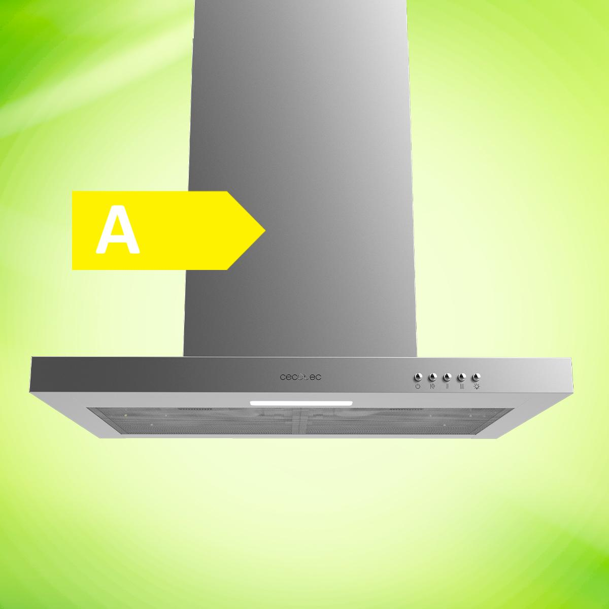 Una campana extractora plateada con clasificación energética A y una flecha amarilla sobre fondo verde.