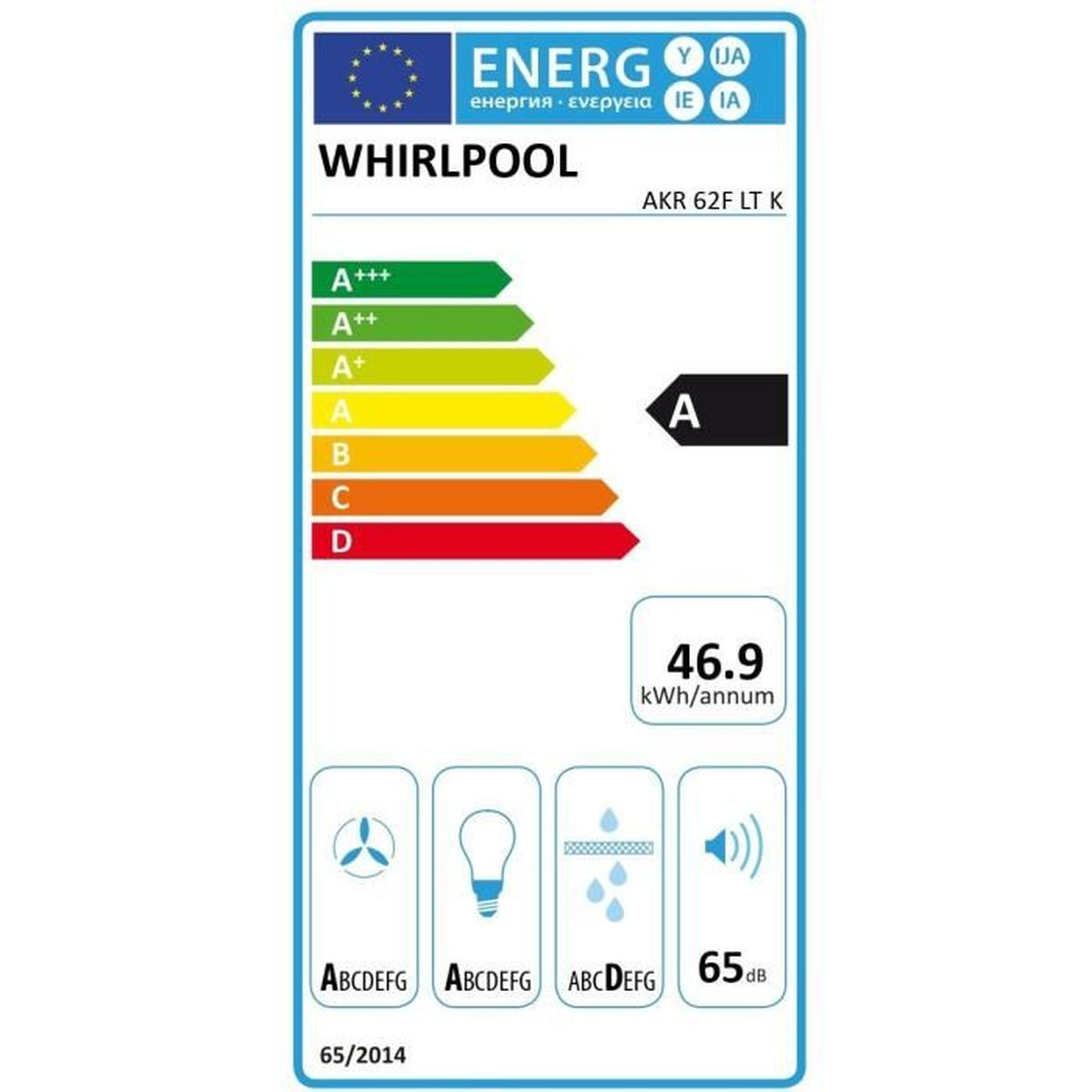 Etichetta energetica per un elettrodomestico WHIRLPOOL. Mostra informazioni sull'efficienza energetica e sui consumi.