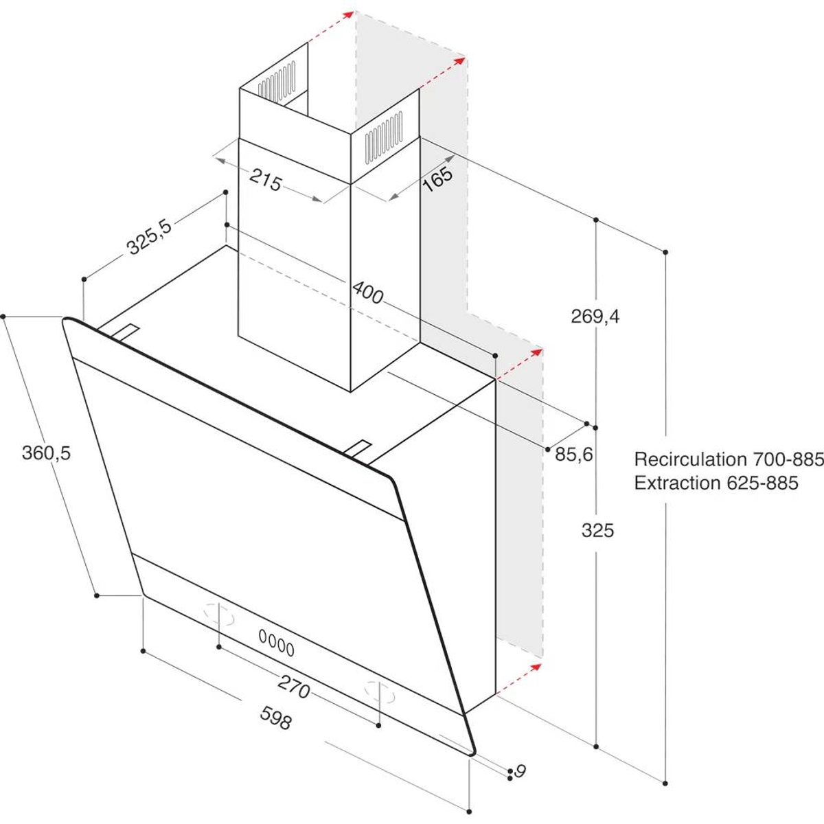 Disegno isometrico di una cappa da cucina, con dimensioni indicate da frecce e numeri.
