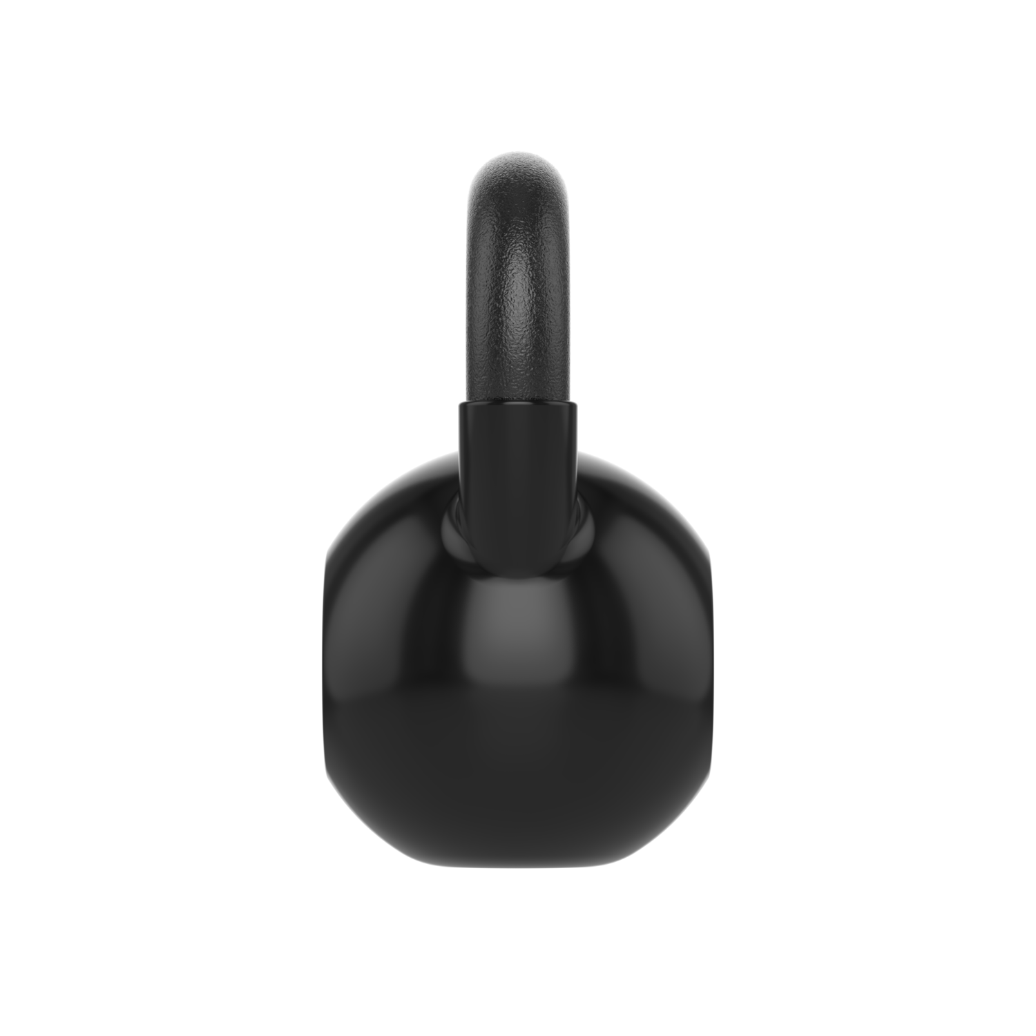 Kettlebell noire sur fond blanc. Vue de dessus. La poignée est noire et il y a un corps noir.