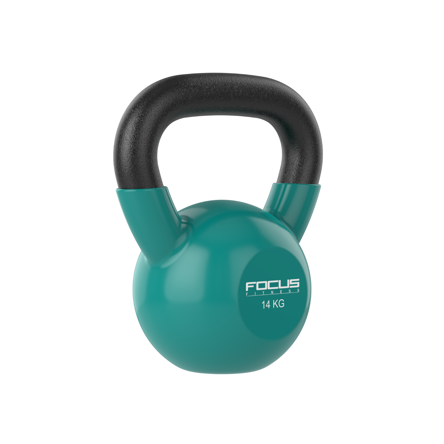 Petrolkleurige kettlebell met zwarte handgreep. Focus Fitness tekst zichtbaar.