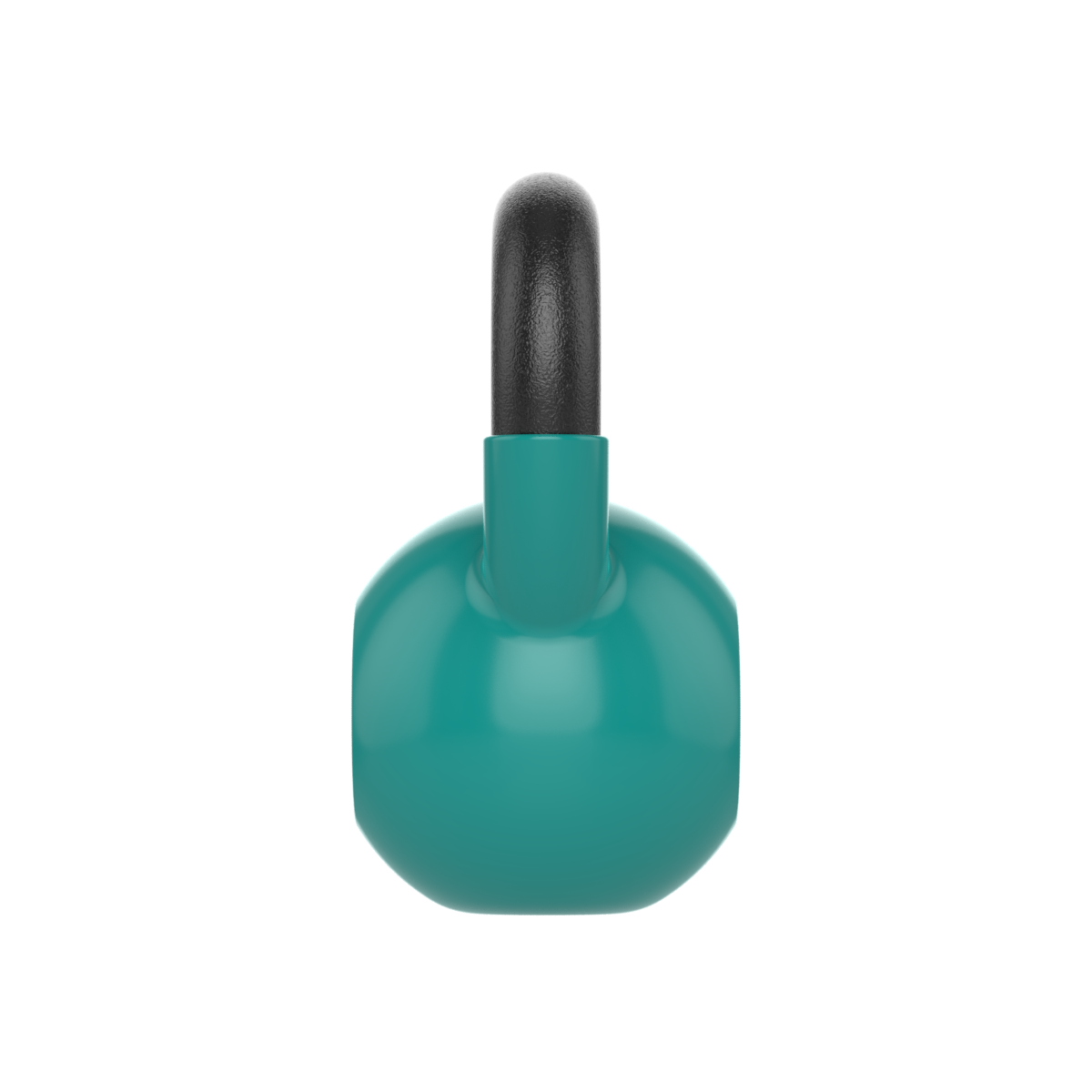 Een turquoise kettlebell met een zwarte handgreep, geïsoleerd op witte achtergrond.