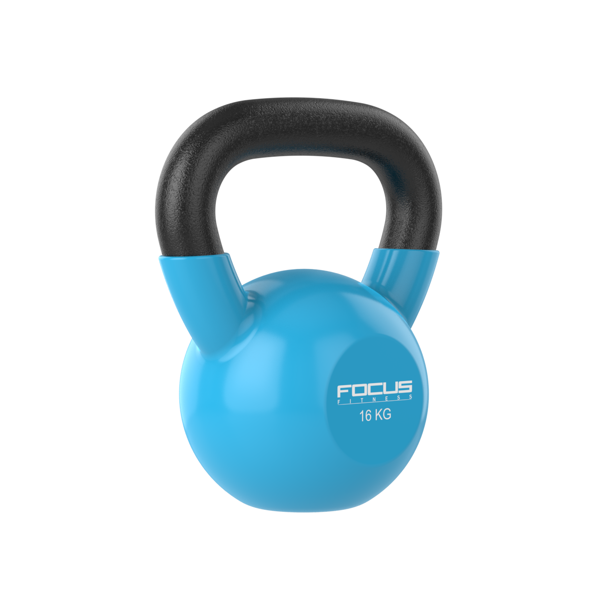 Blue kettlebell with black handle. The weight is 16 kg. The brand name is Focus Fitness.