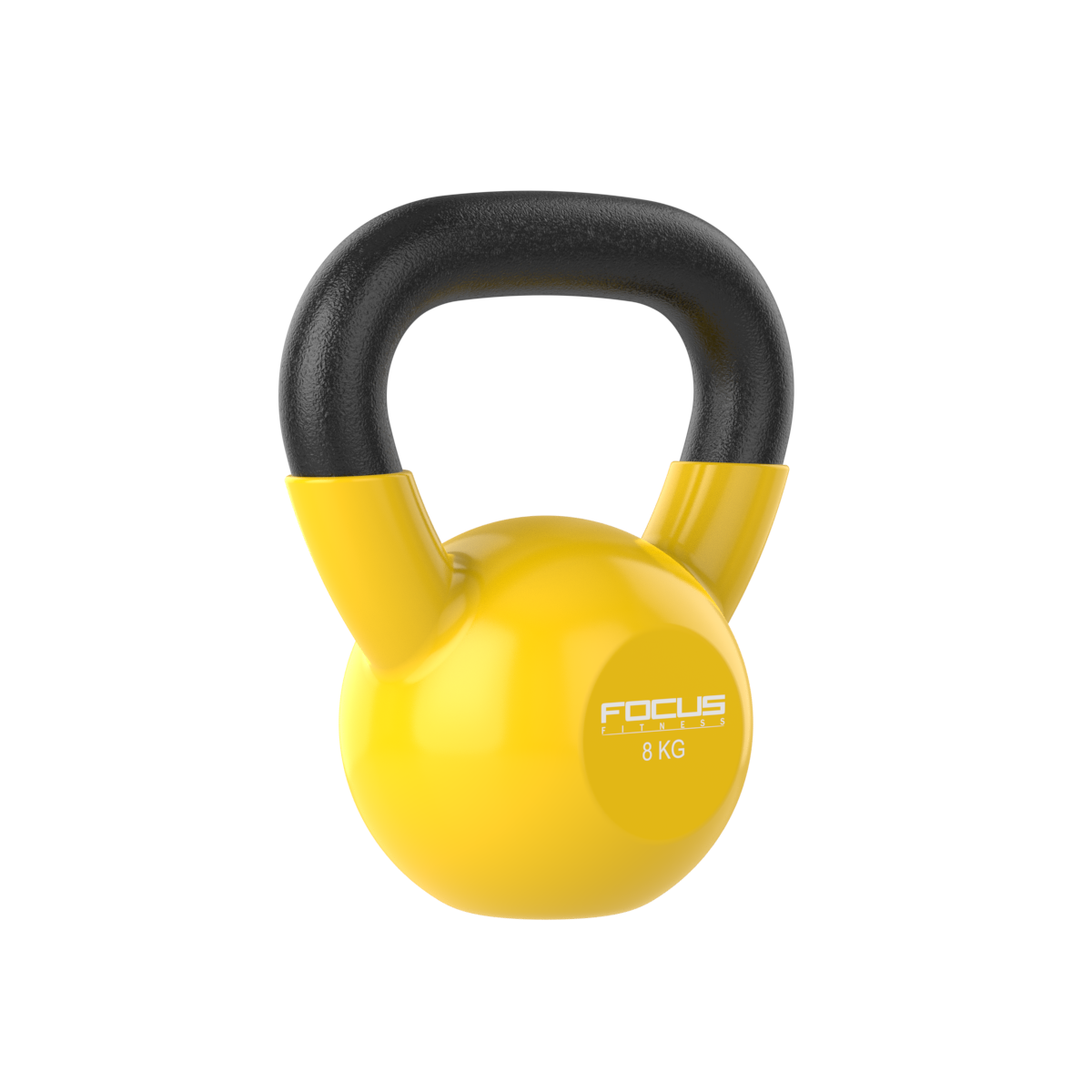 Gele kettlebell met een zwarte handgreep. Het heeft een logo dat 8 KG zegt.