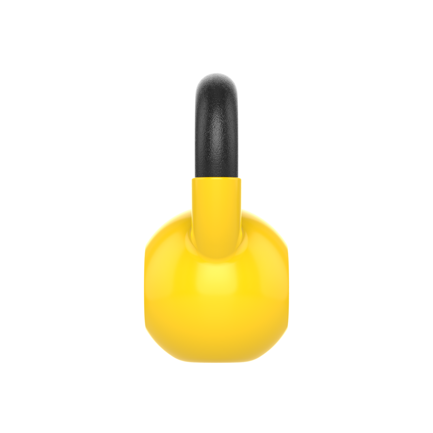 Gele kettlebell met zwarte handgreep. Wit oppervlak.