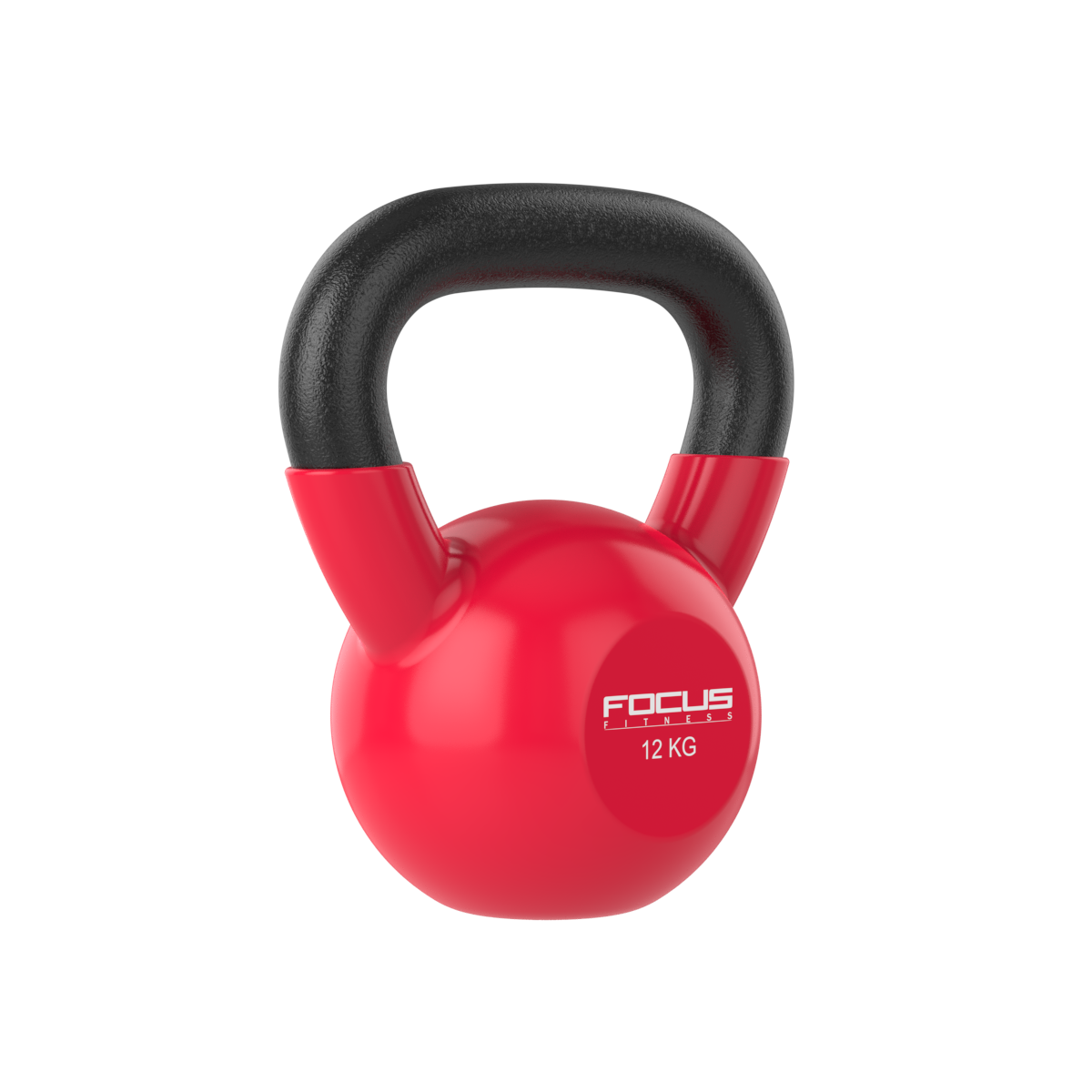 Red kettlebell with a black handle. It weighs 12 kg, brand is FOCUS FITNESS.