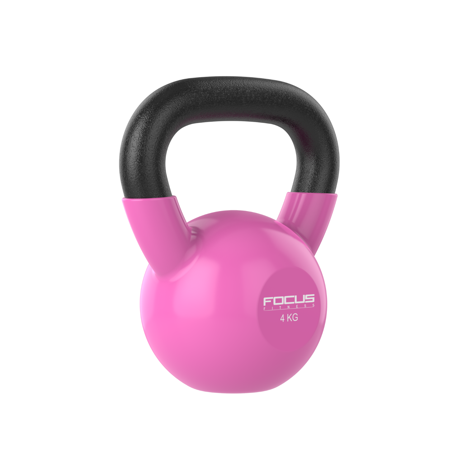 Pink kettlebell with black handle. Focus Fitness text is visible.