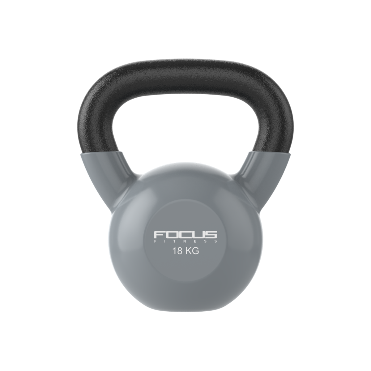 Een grijze kettlebell met een zwarte handgreep. Het gewicht is 18 kg en het merk is 'FOCUS FITNESS'.