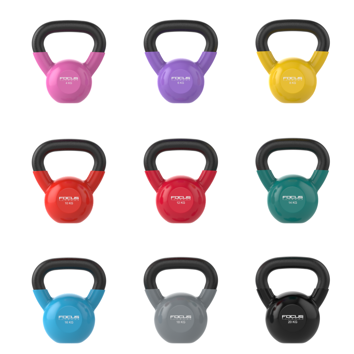 Nine kettlebells of different colors, with black handles, and the weight label.