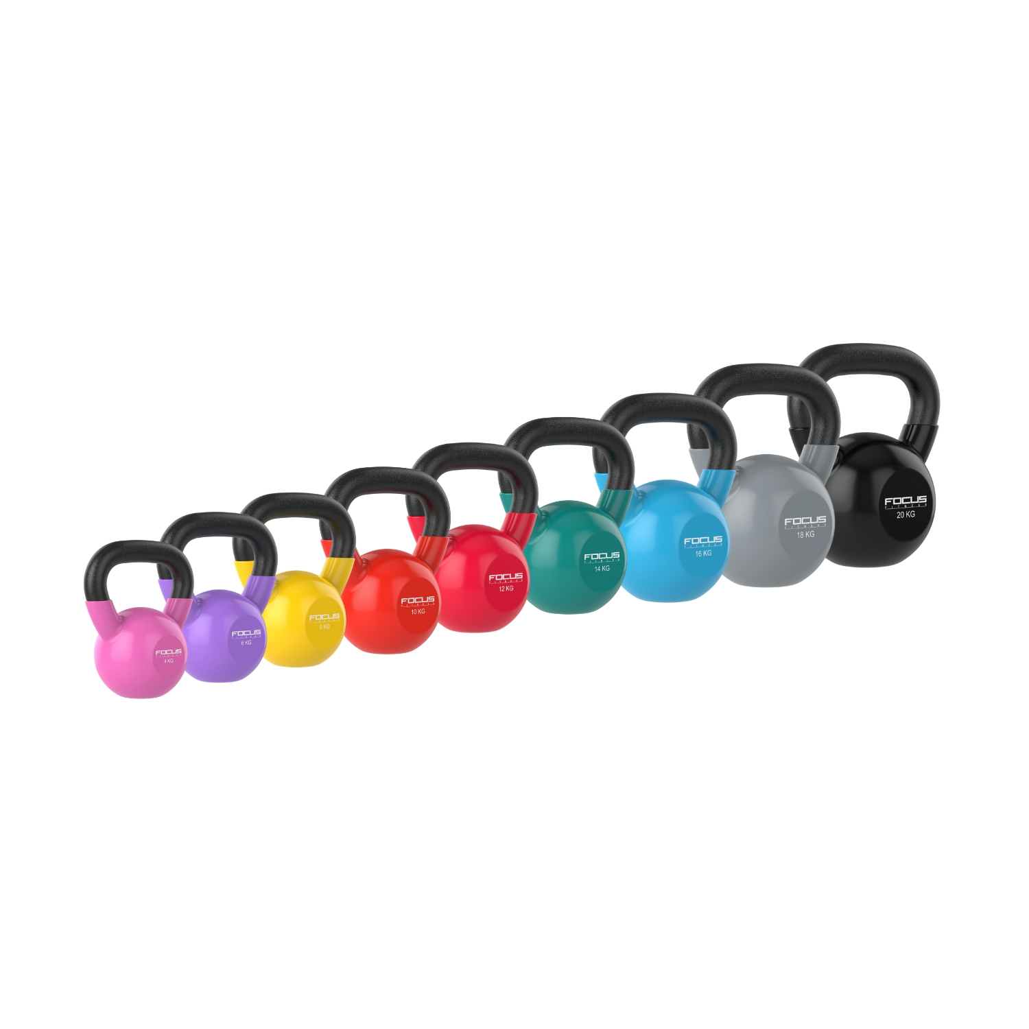 A row of kettlebells of different colors on a white background.