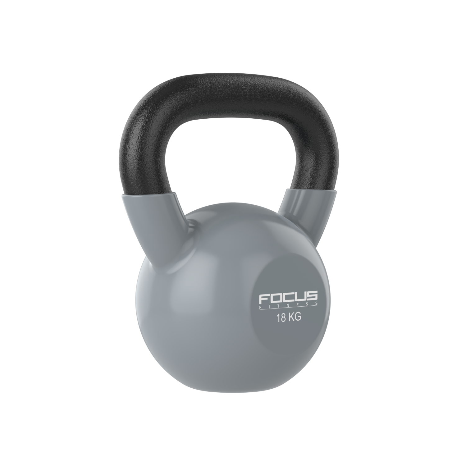 Een grijze kettlebell met een zwarte handgreep, geïsoleerd op een witte achtergrond.