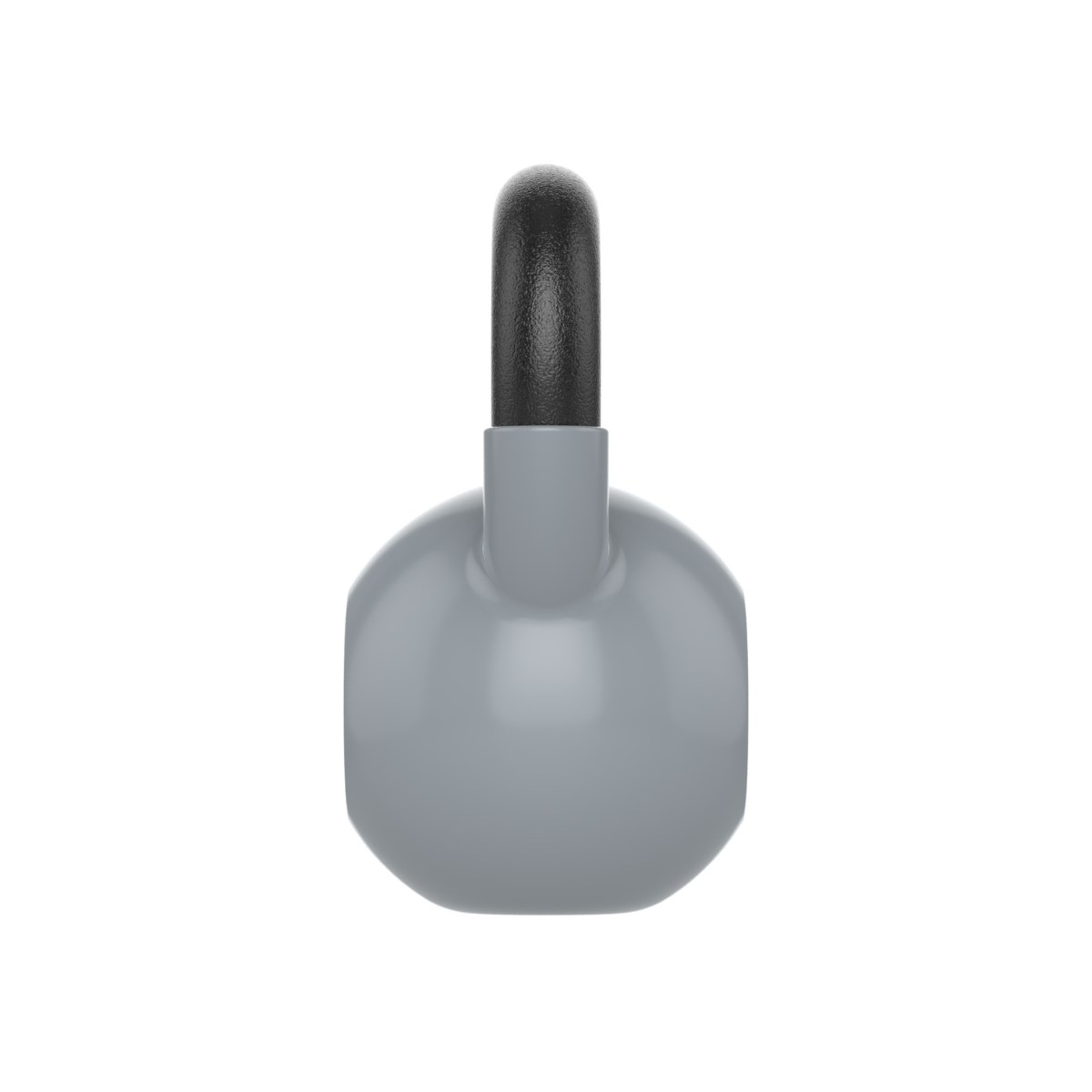 Een grijze kettlebell met een zwarte handgreep, geïsoleerd op een witte achtergrond.