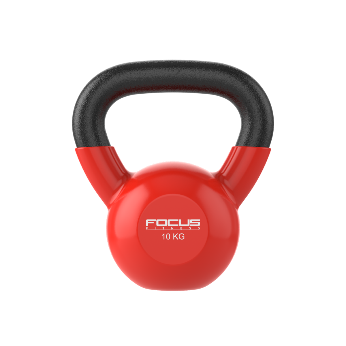 Rode kettlebell met een zwarte handgreep. Het heeft een logo dat 10 KG zegt.