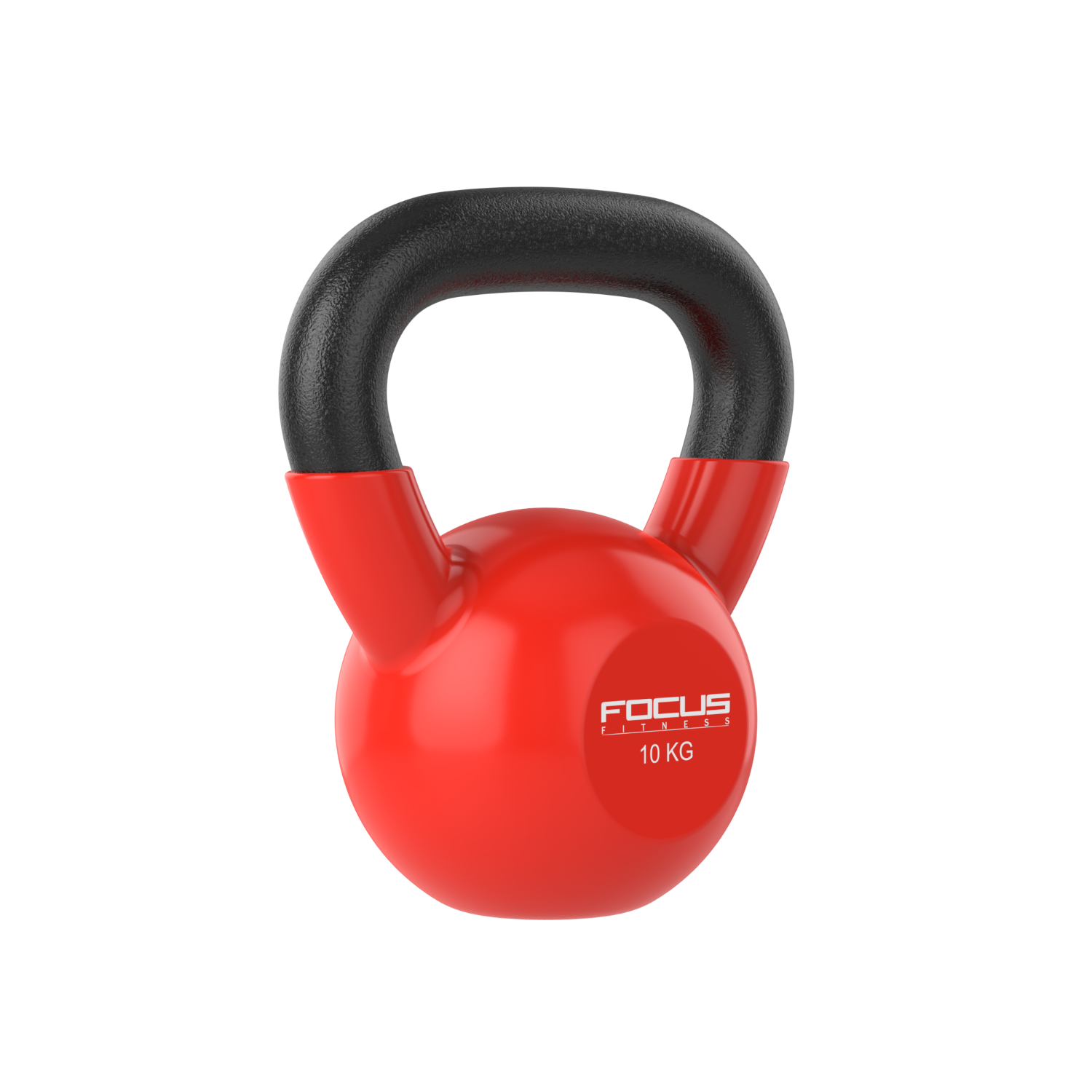 Rode kettlebell met zwarte handgreep. Het gewicht is 10 kg, merk FOCUS FITNESS.